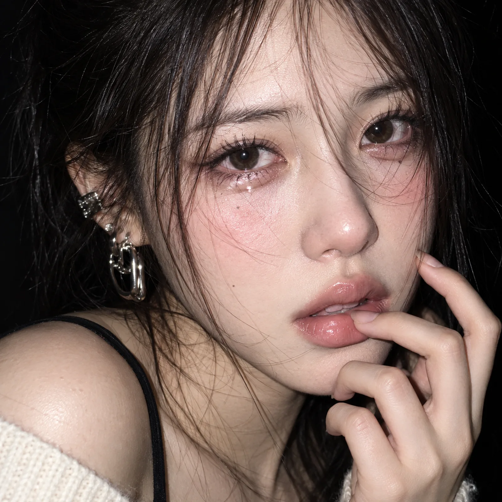 1:1，极近微距硬闪韩系美妆写真，湿润泪感妆，前卫时装美容大片。