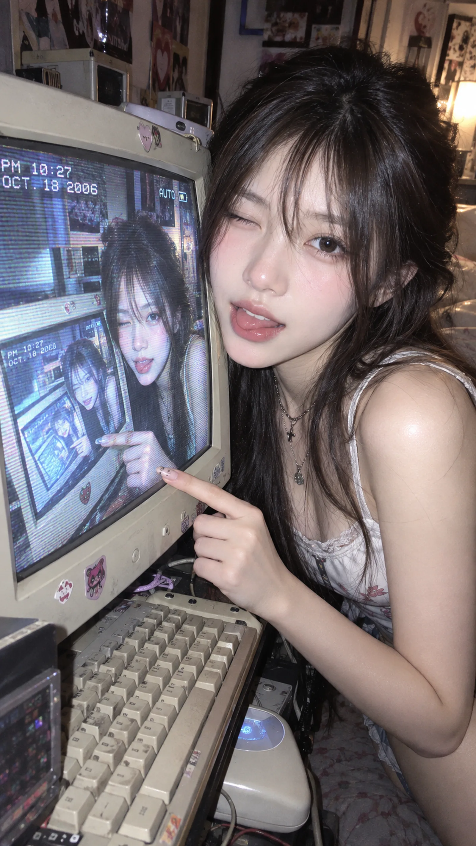 9:16，成年韩系甜酷美女，Y2K数码摄影，老式电子屏幕与真实人物同框，屏中屏形