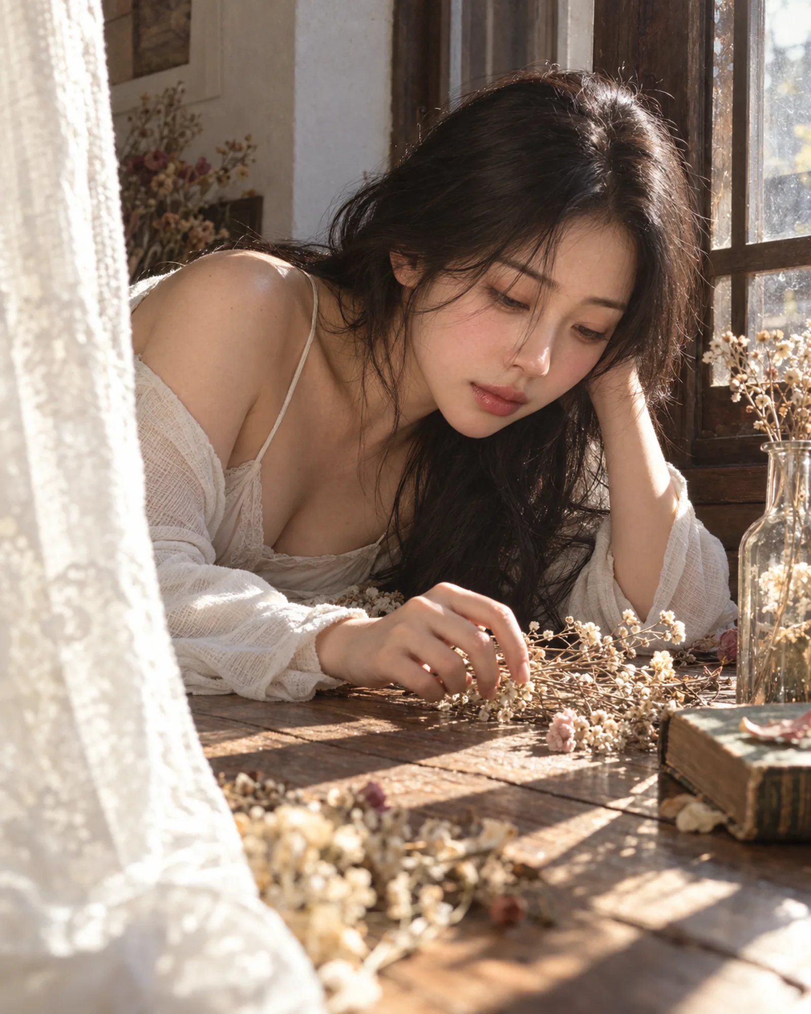 4:5，细腻胶片颗粒，成年韩系女性窗边低伏写真，硬质午后日光，强烈明暗切割，复古