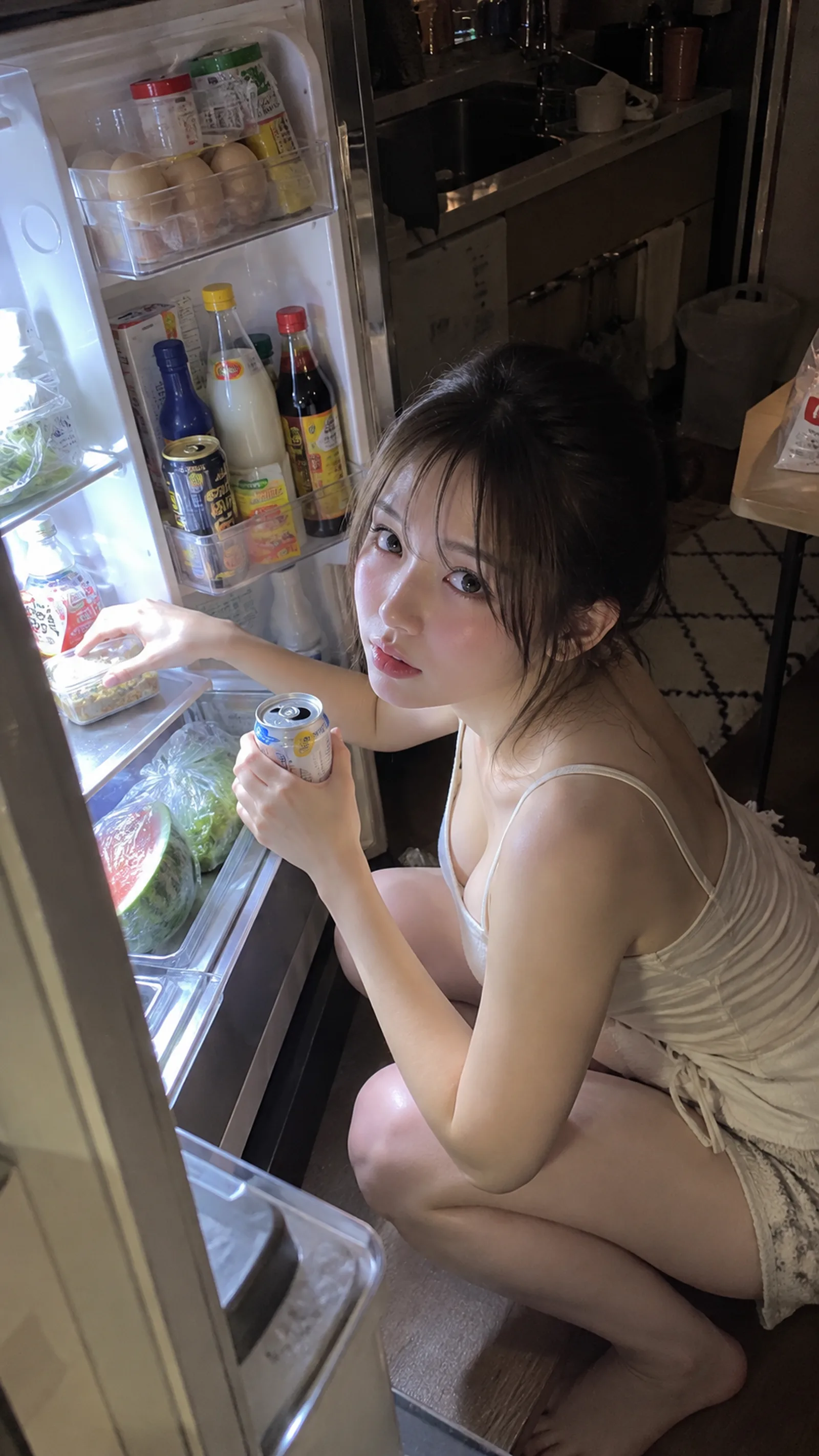 竖幅写实手机抓拍，深夜住宅厨房，成年女性打开冰箱寻找食物；整体像室友站在旁边突然