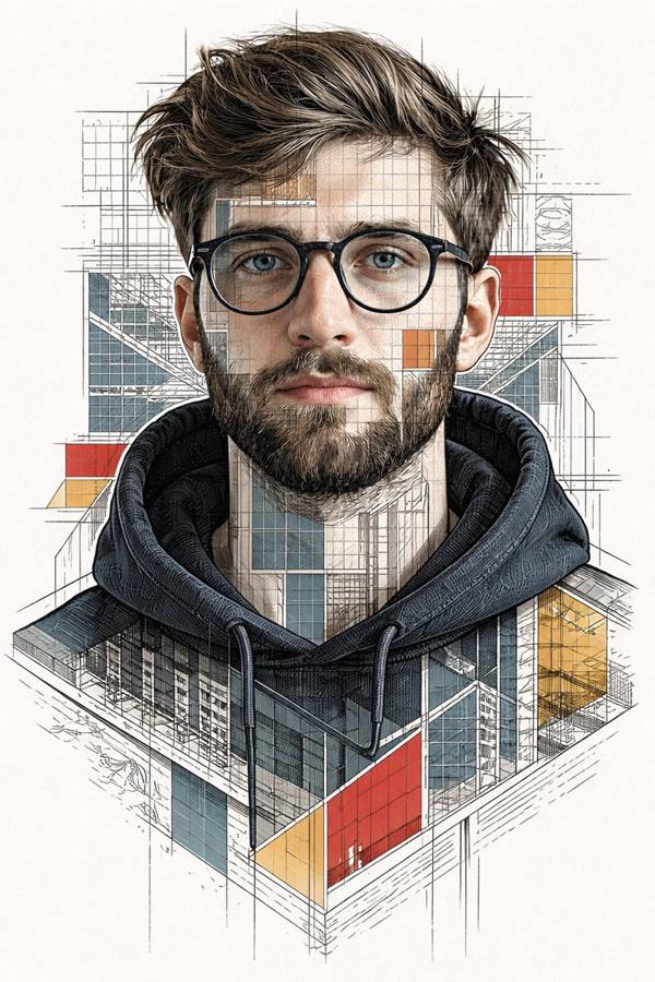 建筑蓝图风格概念人像插画：解构主义线稿肖像