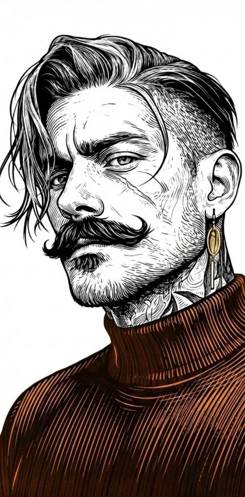 复古木刻雕版风格黑白线条肖像插画